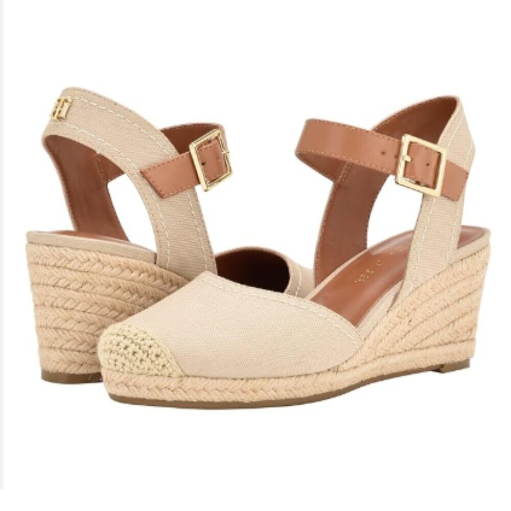 Tommy Hilfiger Beige Canvas Espadrille Wedge Sandals with Tan Straps
